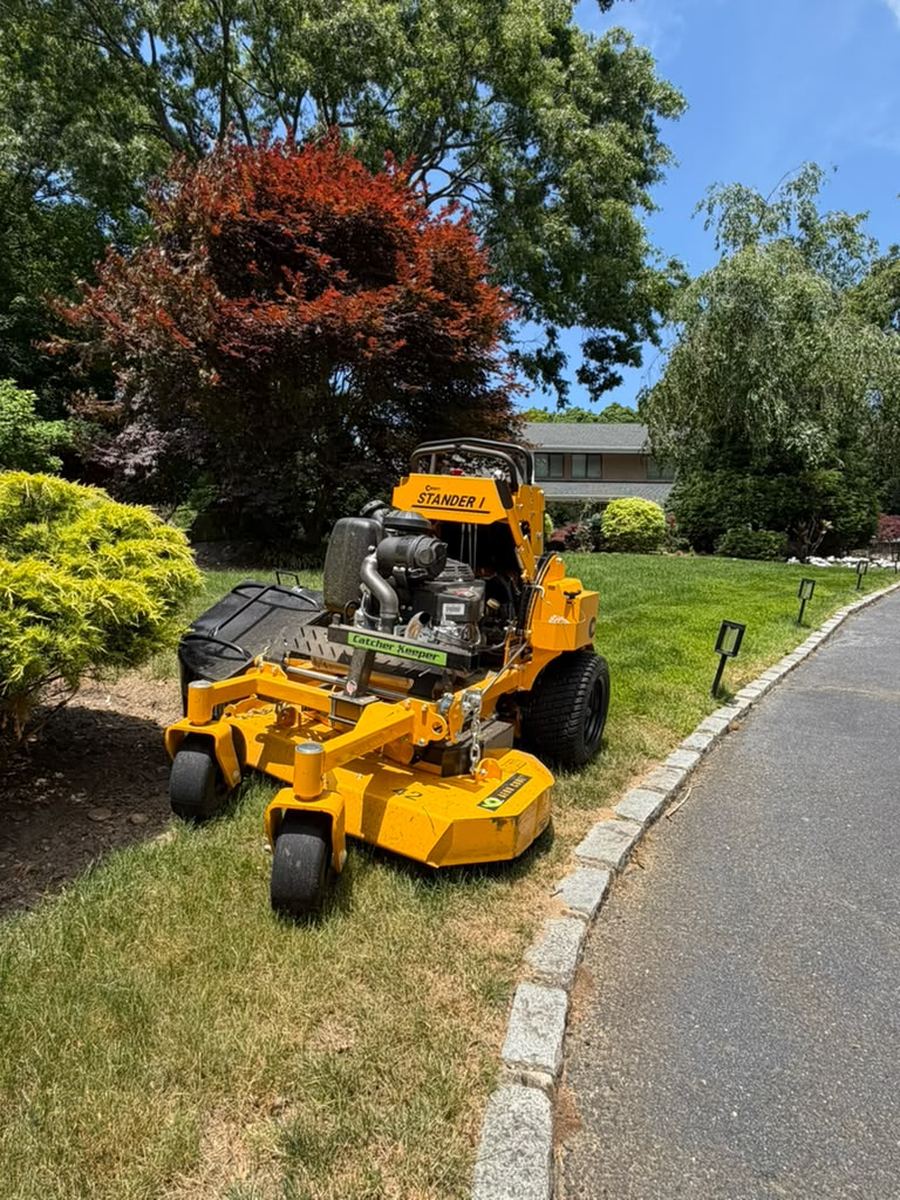 Commercial stand-on mower ready at the curb