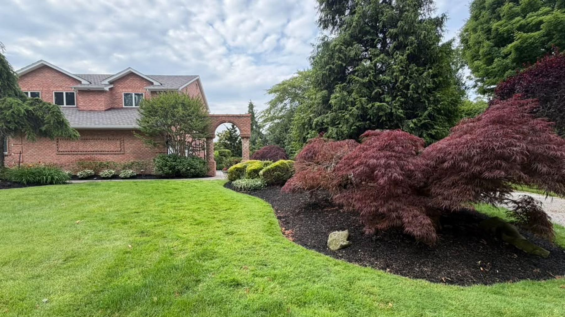 Freshly cut lawn, mulched bed and Japanese maple at a brick home in Suffolk County, Long Island