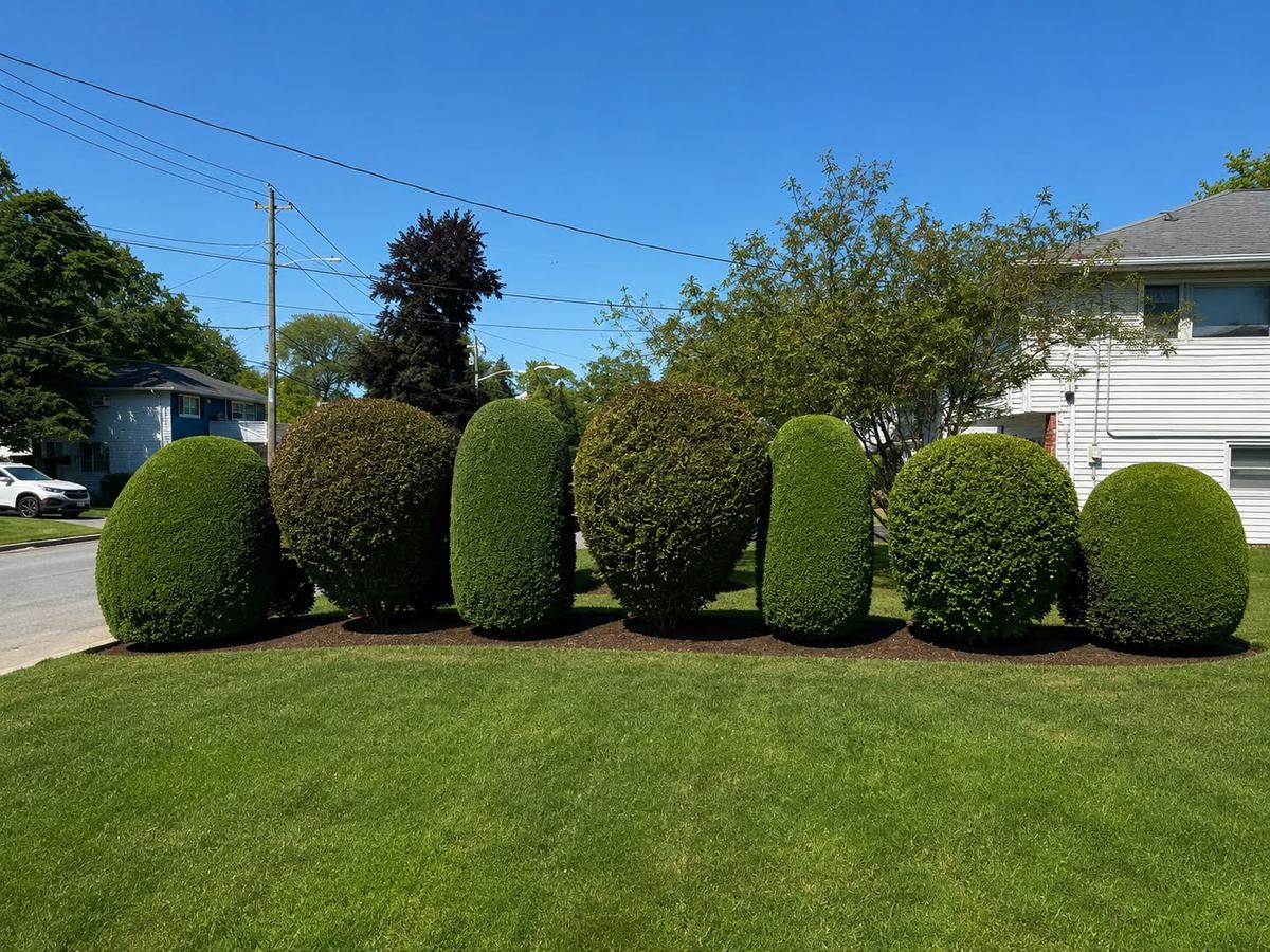 Row of shrubs sheared into clean, matched globes along a front lawn